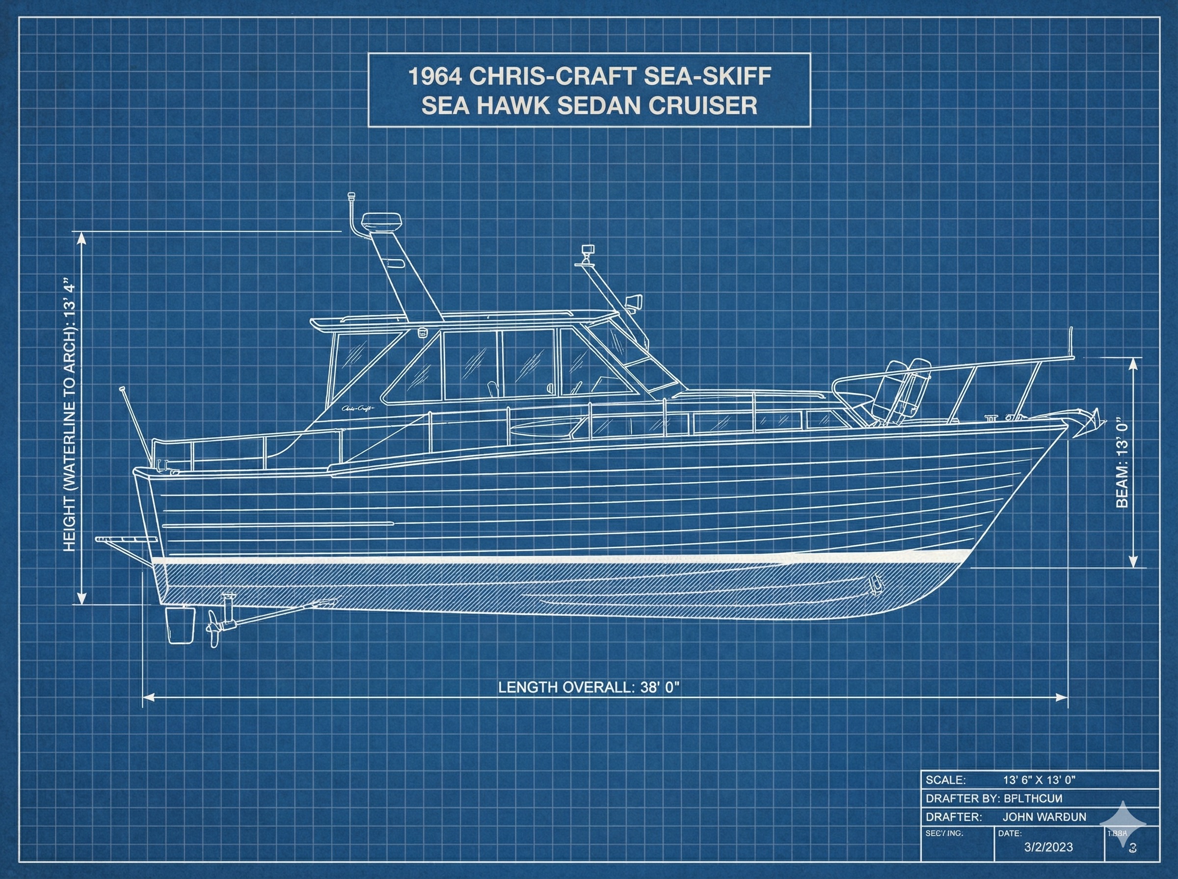 Blueprint profile of the 38-foot Sea Hawk on a drafting grid