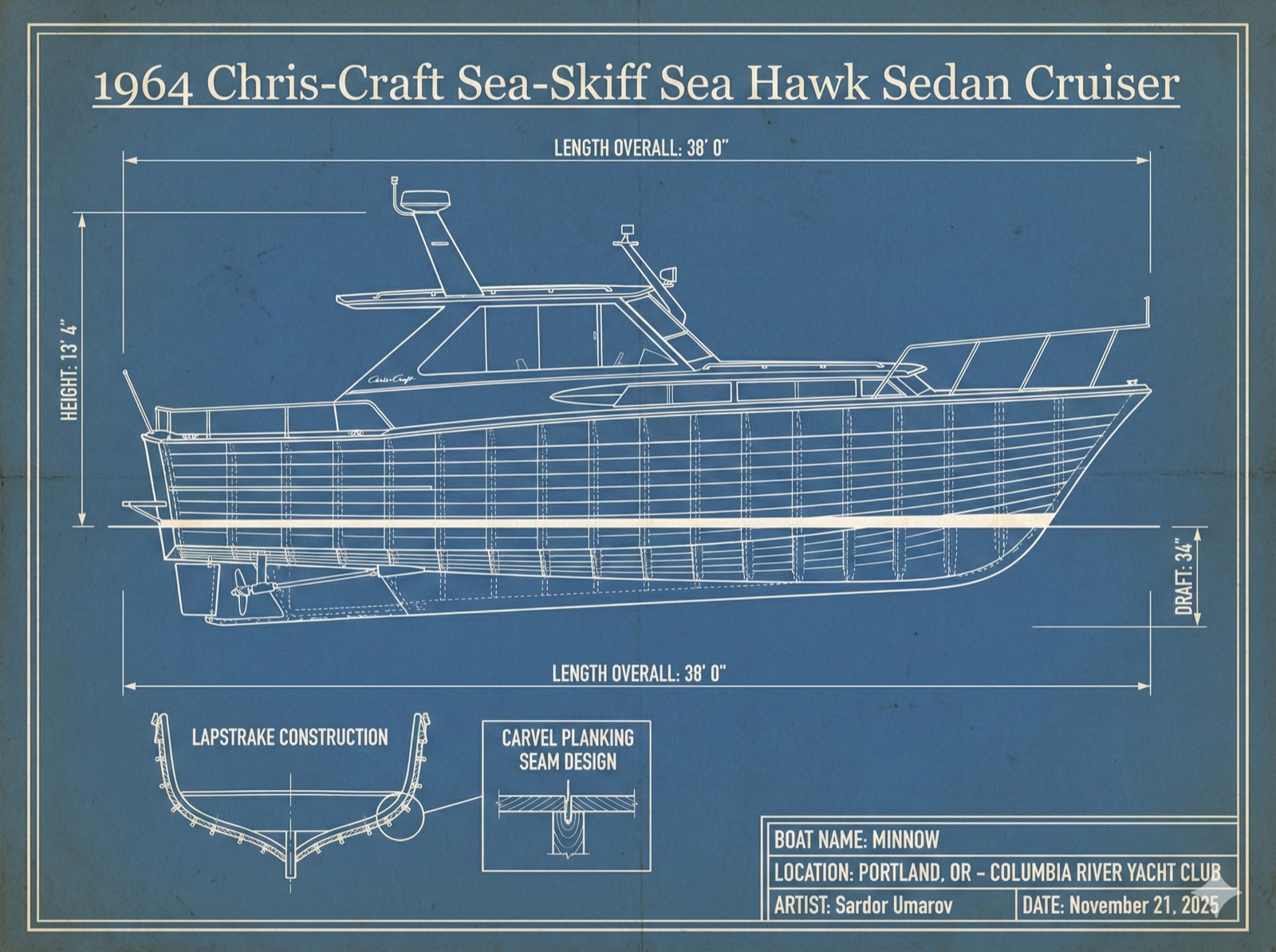 Blueprint elevation of the 1964 Chris-Craft Sea Skiff Sea Hawk Sedan Cruiser