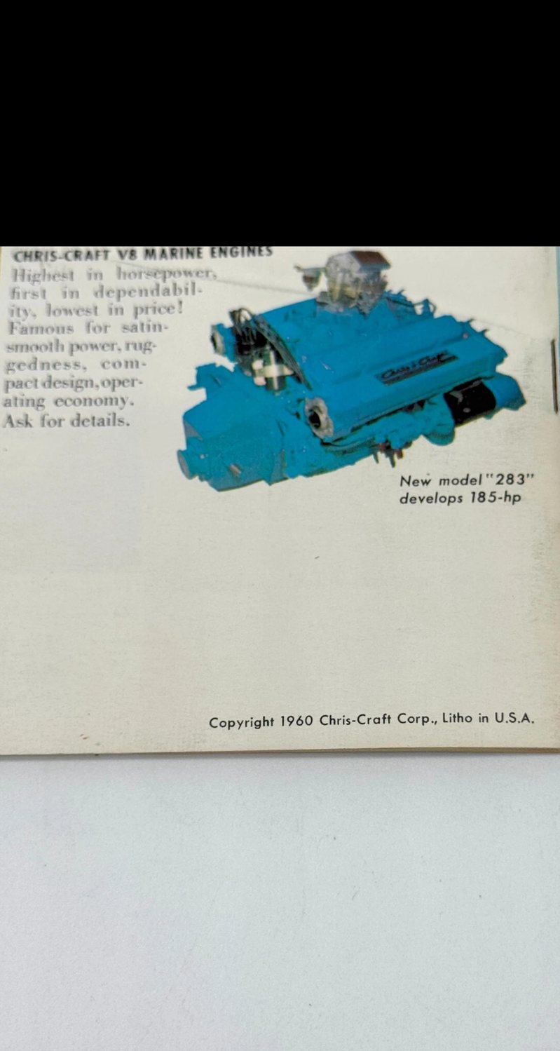Chris-Craft brochure page for the model 283 V8 marine engine, 185 hp
