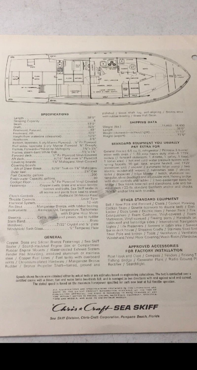 Original Chris-Craft Sea Skiff specification page with deck plan, specifications and shipping data