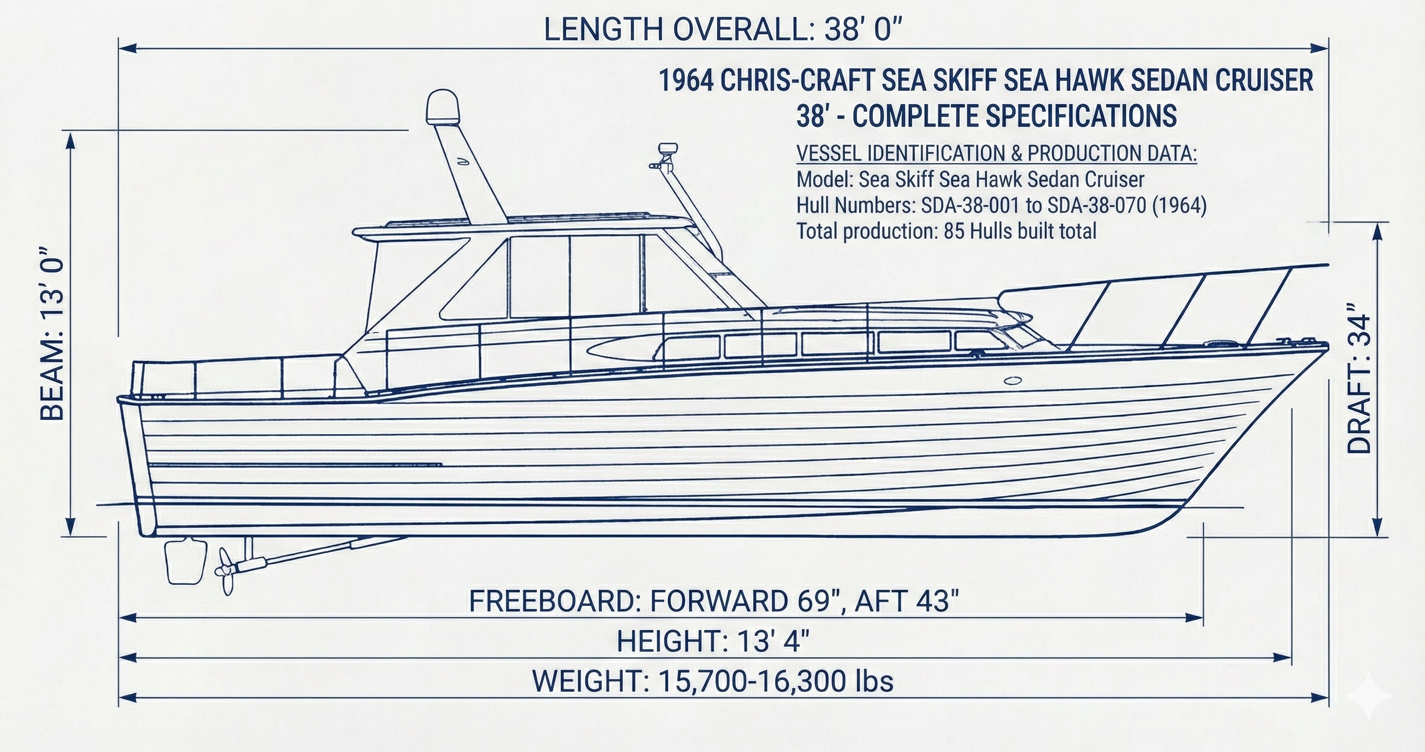 Complete specifications sheet for the 1964 Sea Hawk Sedan Cruiser