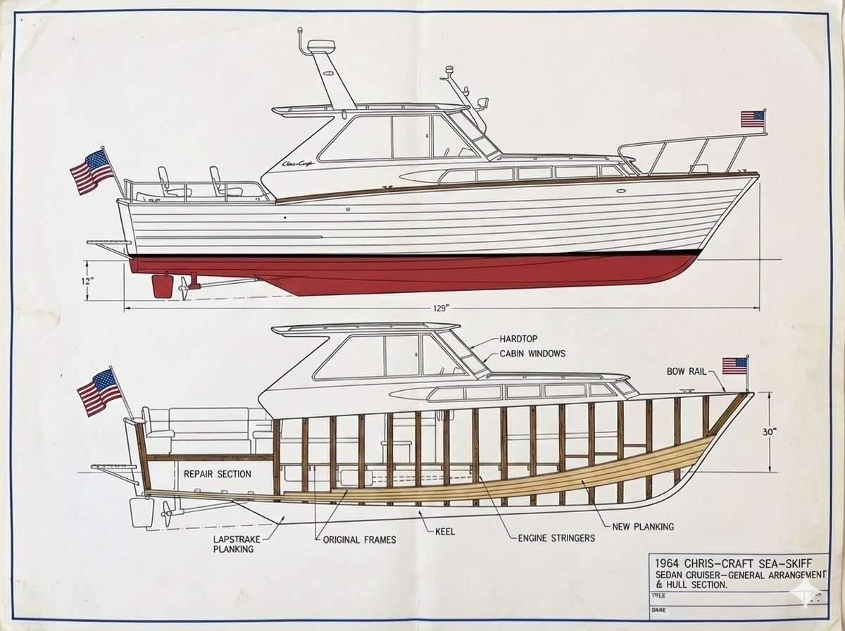General arrangement and hull-section drawing of Minnow, a 1964 Chris-Craft Sea Skiff Sea Hawk Sedan Cruiser