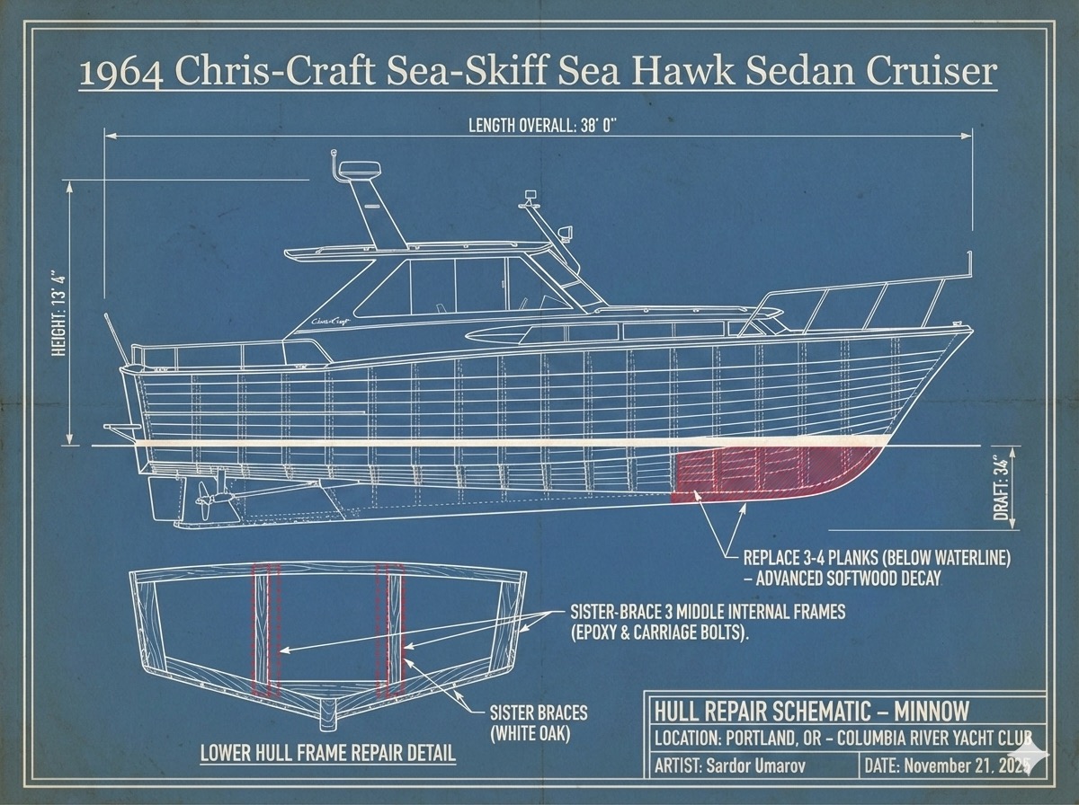 Hull repair schematic for Minnow showing planks to replace and frames to sister-brace