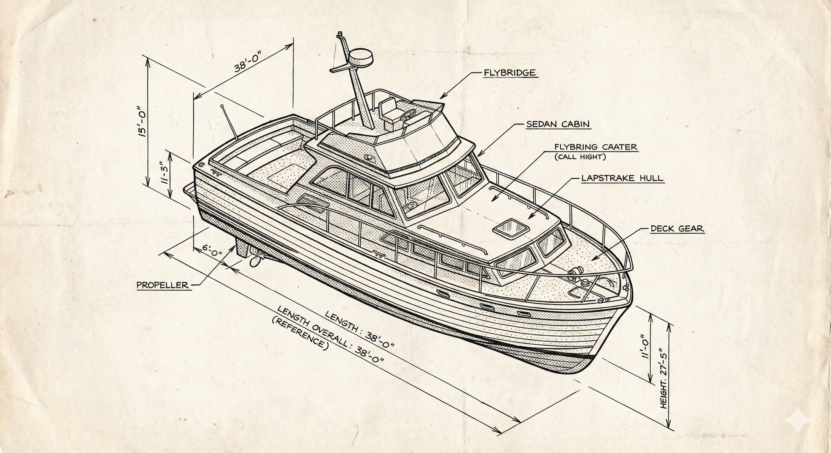 Isometric line drawing of the Sea Hawk Sedan Cruiser