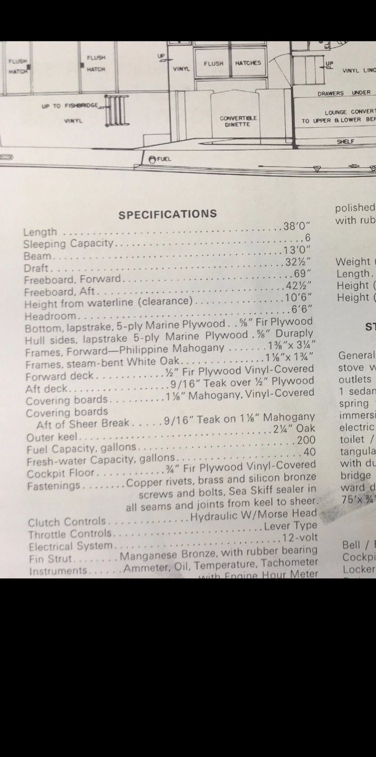Original Chris-Craft Sea Skiff specification sheet, dimensions and construction