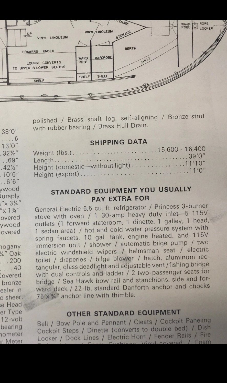 Original Chris-Craft Sea Skiff specification sheet, shipping data and standard equipment